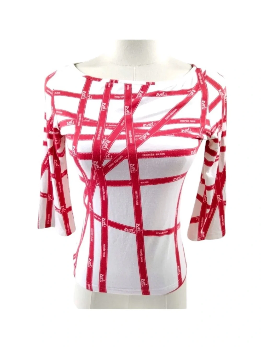 VINTAGE HERMES Red & White Grid-Print Scoop Neck Top Size S - Picture 3 of 11